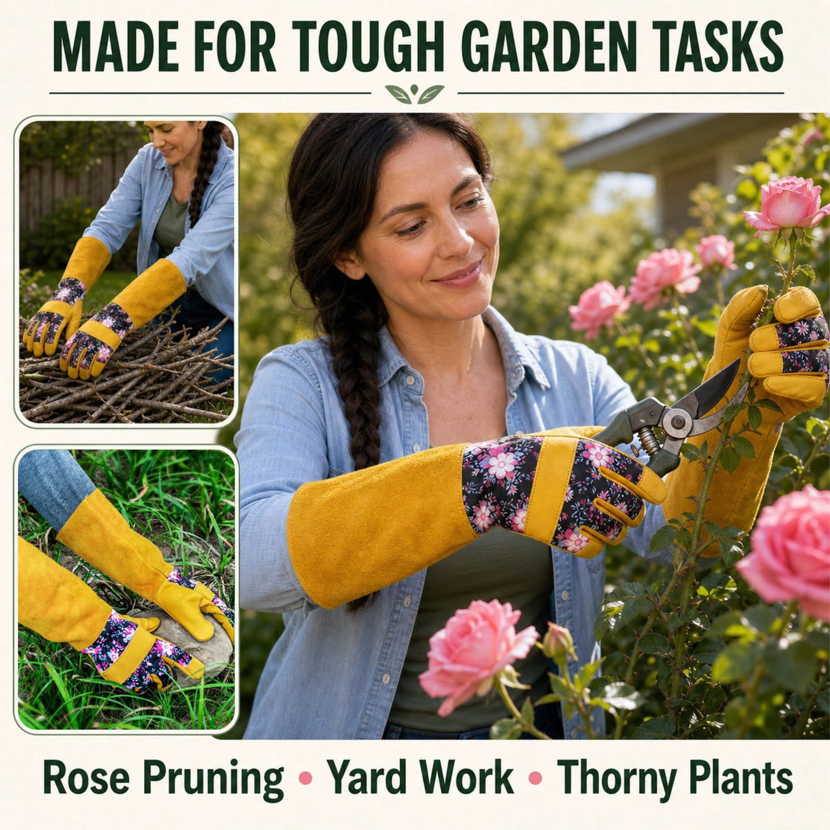 Long Leather Gardening Gloves with Gauntlet Cuff for Rose Pruning - Image 6