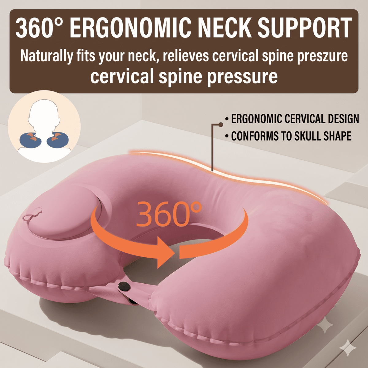 Self-Inflating U-Shaped Travel Neck Pillow with Built-In Hand Pump - Image 3