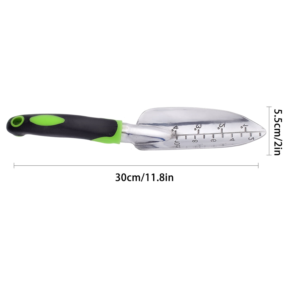 Aluminium Garden Trowel with Depth Scale and Hanging Hole, Green - Image 2
