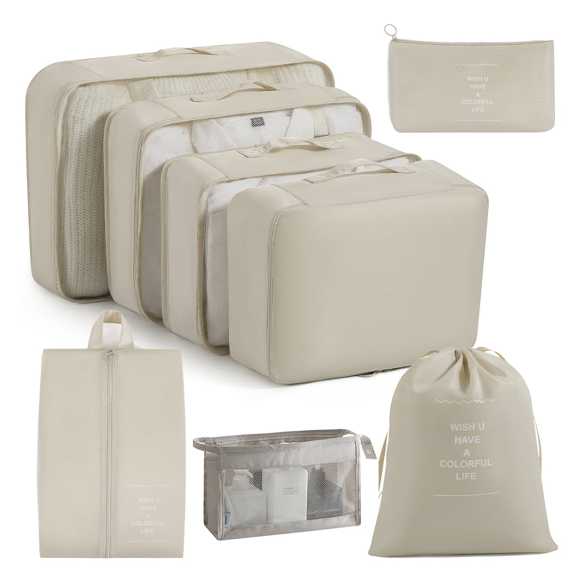 Eight-Piece Packing Cube Set with Shoe, Toiletry and Laundry Bags