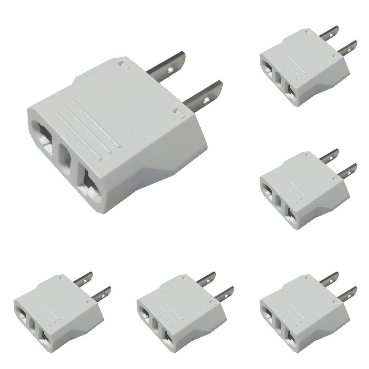 European and Asian to US Plug Adapters in White, 6 Pack