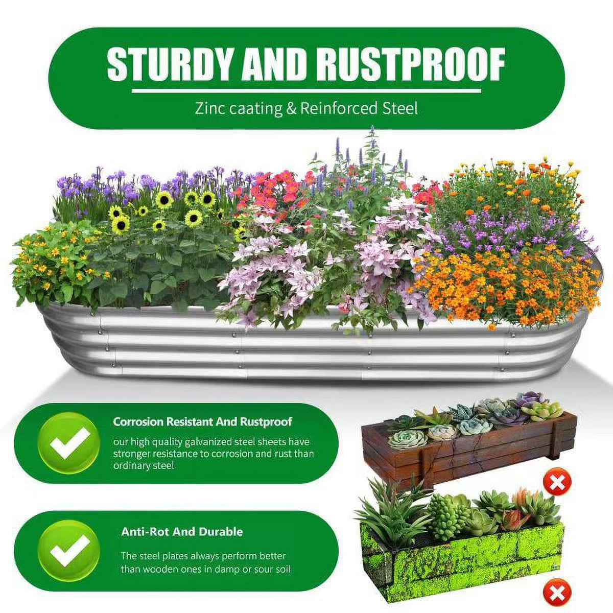 Raised Garden Bed in Galvanized Steel, 6 by 2 by 1 Feet, Oval - Image 6