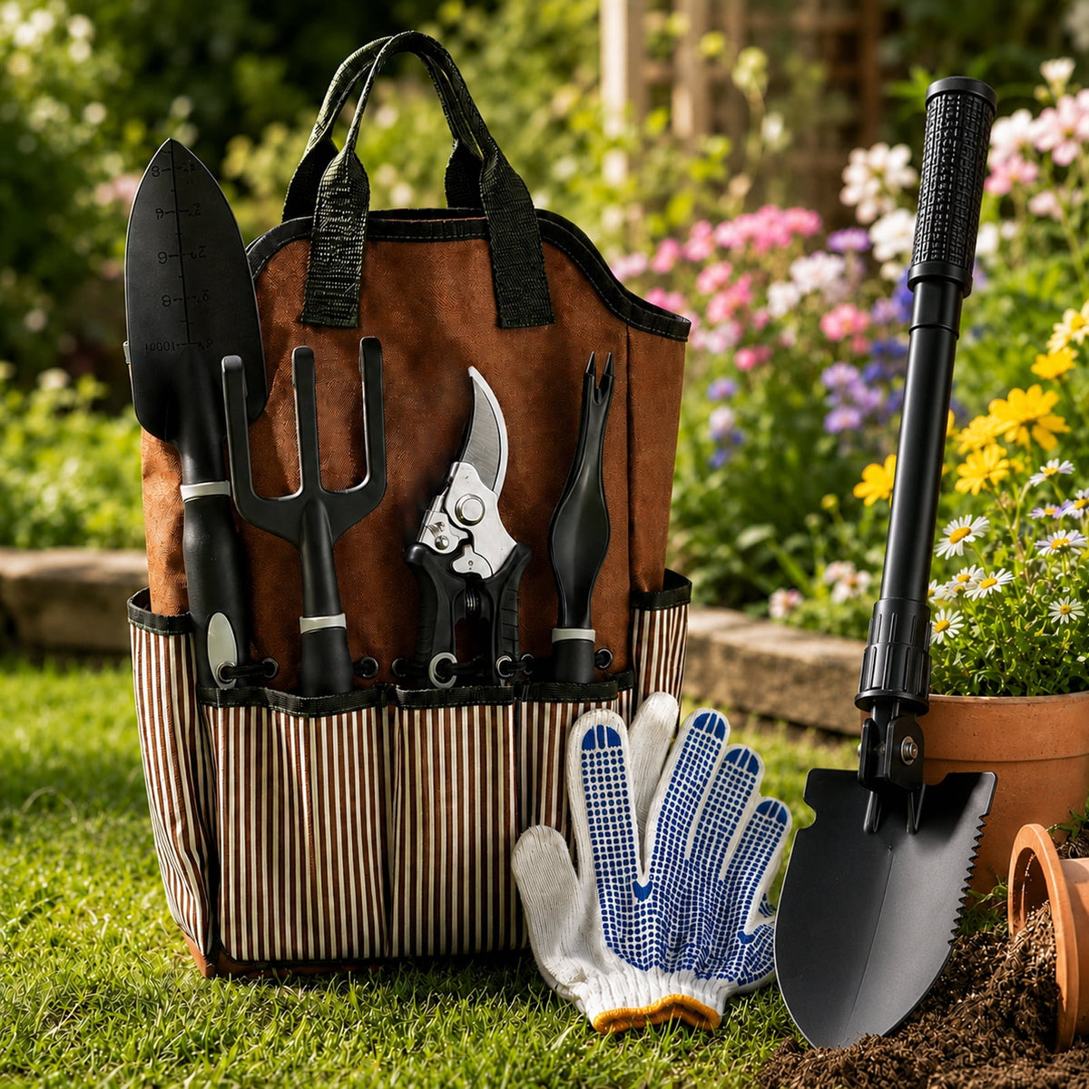 Eight-Piece Garden Tool Kit with Side-Pocket Carry Tote - Image 3