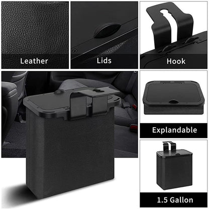 Lidded Car Trash Bin in Leather and ABS with Hanging Hook - Image 3